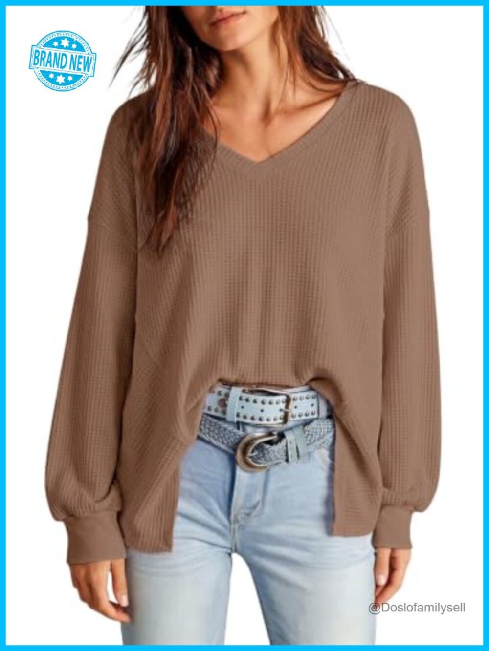 Waffle Knit Long Sleeve V-Neck Oversized Top Casual Blouse
